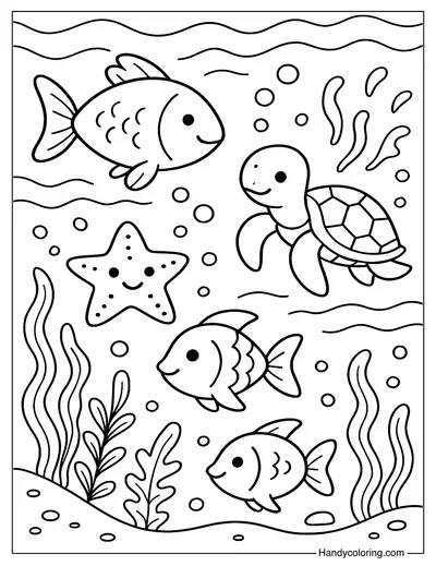 Ocean Animals Swimming Coloring Page