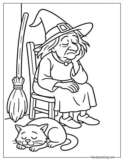 Old Witch and Sleepy Cat Coloring Page