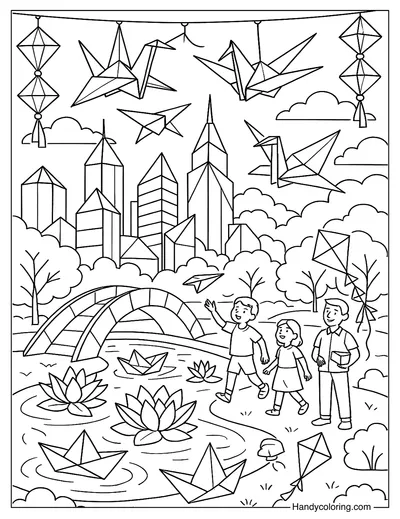 Origami Paper City To Color