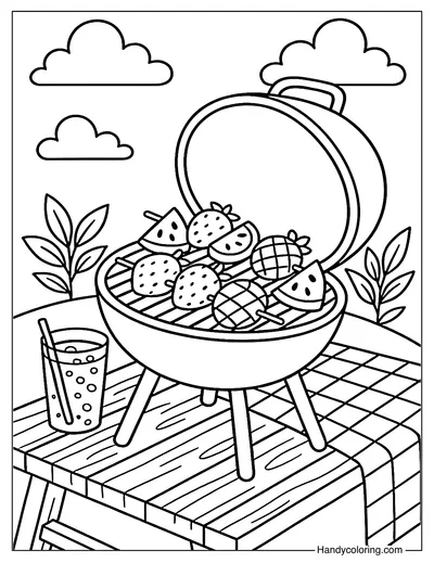 Outdoor Cooking and Fruit Skewers Coloring Page