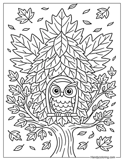 Owl in Autumn Leaf Treehouse Coloring Page