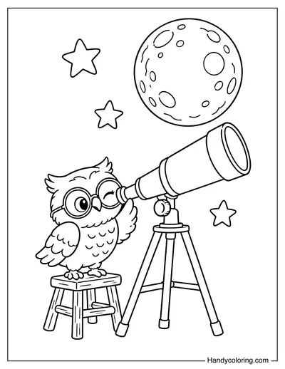 Owl Looking Through a Telescope at the Moon