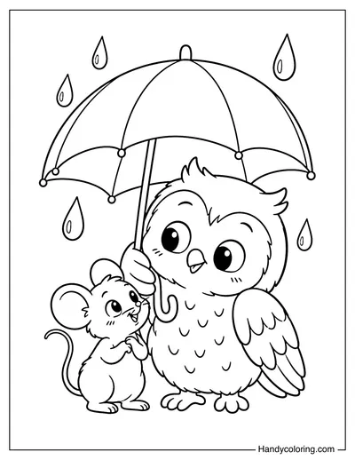 Owl Sharing an Umbrella with a Little Mouse