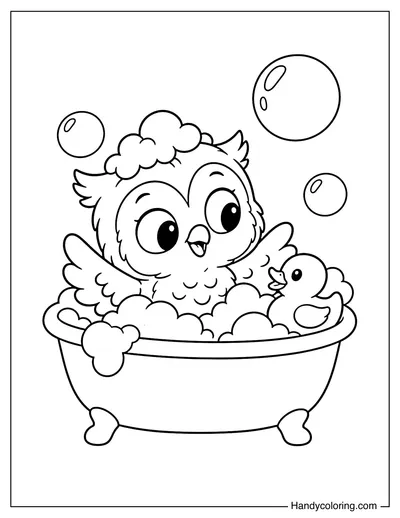 Owl Taking a Bubble Bath with a Rubber Duck