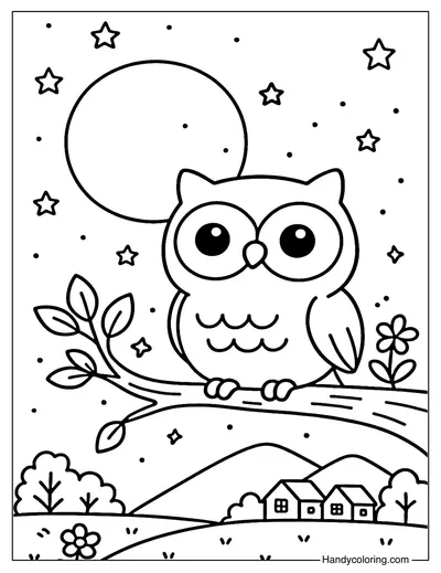 Owl under the Moon Coloring Page