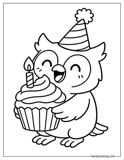 Owl with Cupcake Coloring Page