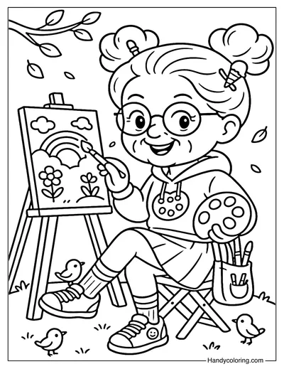 Painting Pro Grandma Coloring Page