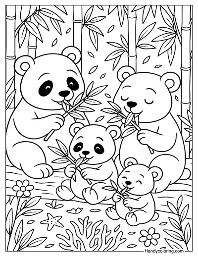Panda Family Bamboo Feast Coloring Page