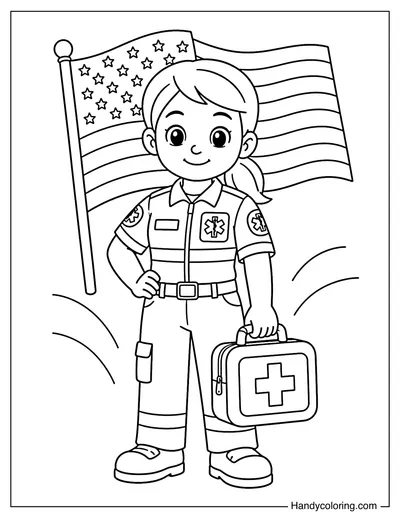 Paramedic with Medical Bag and Flag