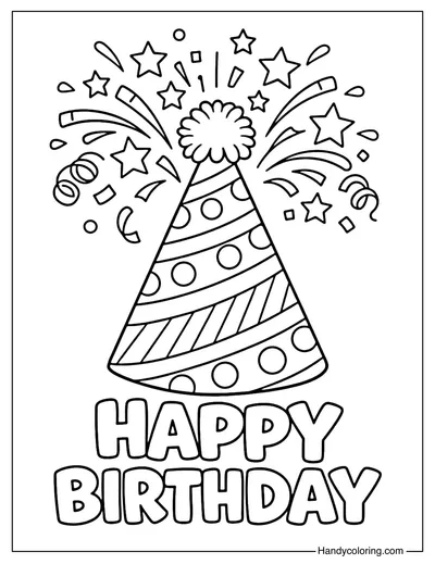 Party Hat And Confetti Burst Coloring Page