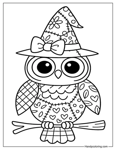 Patchwork Owl Halloween Coloring Page