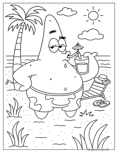 Patrick Star relaxes on the Beach Coloring Page