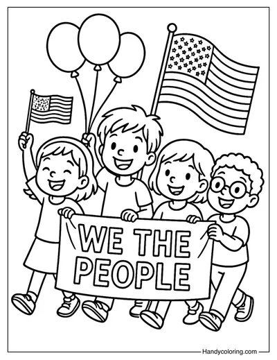Patriotic Kids Parade Coloring Page