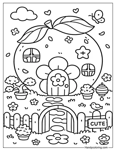 Peach Blossom Cottage Coloring Page