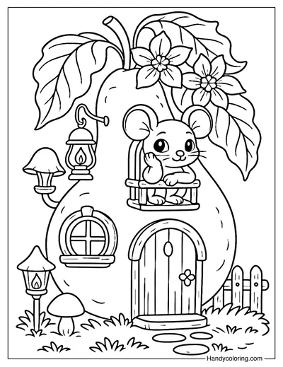 Pear House with Cozy Mouse Coloring Page