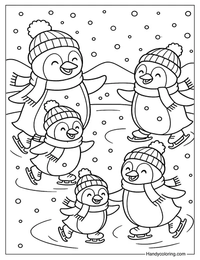 Penguin Family on Ice Coloring Page