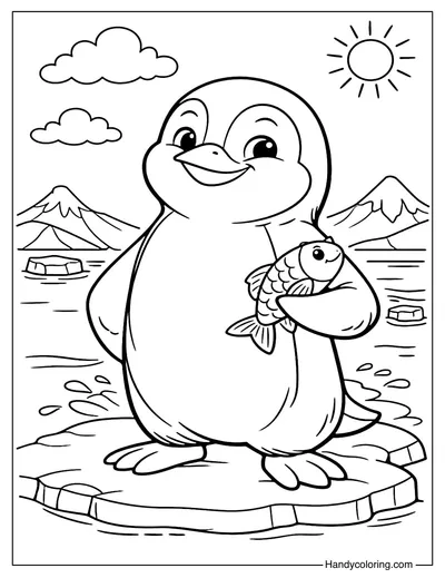 Penguin Holding a Fish Coloring Page