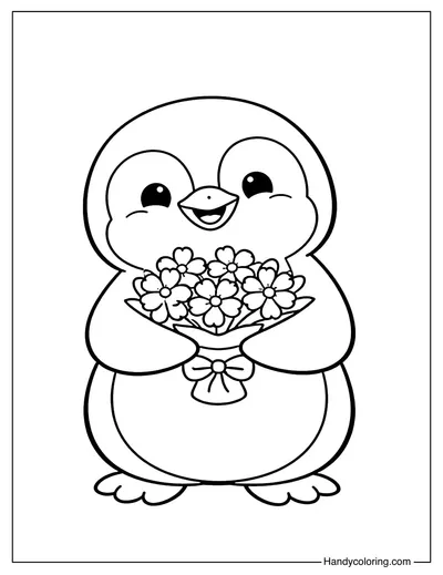 Penguin Holding Flowers Coloring Page