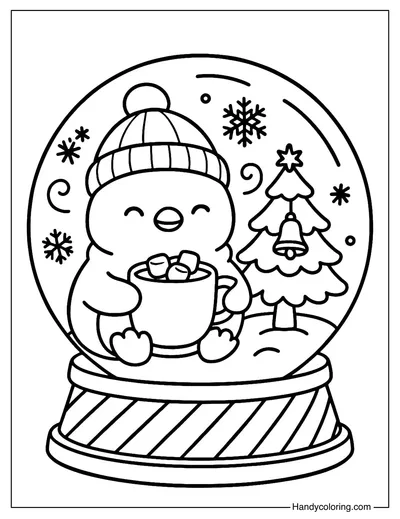 Penguin Hot Cocoa Snow Globe Coloring Page
