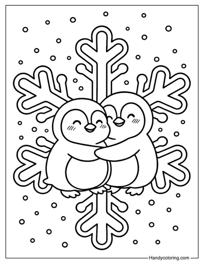 Penguin Hug Snowflake Coloring Page