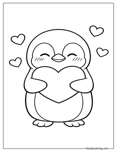 Penguin Hugging Heart Coloring Page