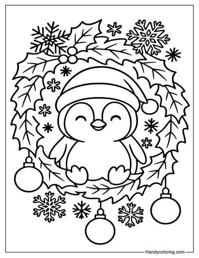 Penguin in Christmas Wreath Coloring Page