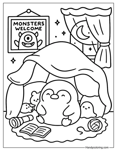 Penguin Pillow Fort Coloring Page