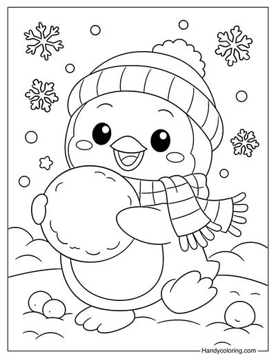 Penguin Playing with Snowball Coloring Page