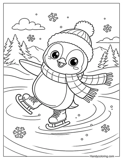 Penguin Sliding on Ice Coloring Page