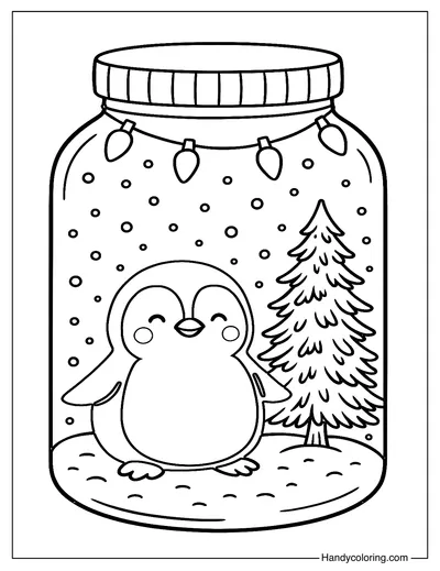 Penguin Snow Globe in a Jar Coloring Sheet