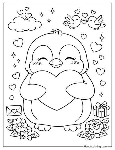 Penguin Valentine Love Coloring Page