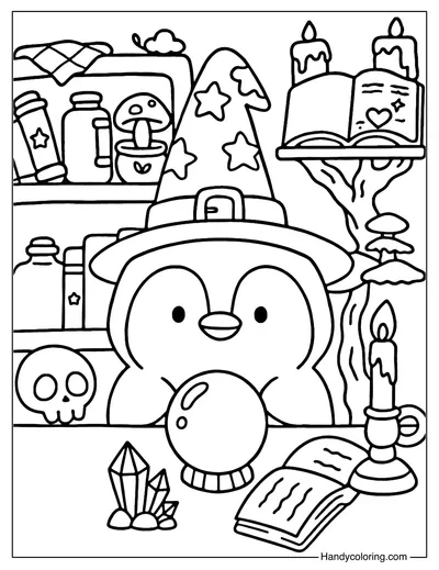 Penguin Witch Magic Room Coloring Page
