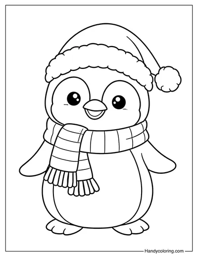 Penguin with Christmas Hat Coloring Page