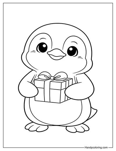 Penguin with Gift Coloring Page