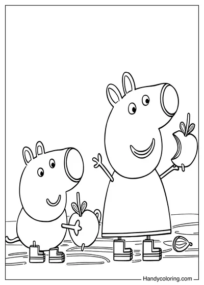 Peppa Pig and George Pig are eating Apples  to Color