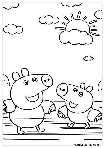 Peppa Pig and George Swimming Coloring Page
