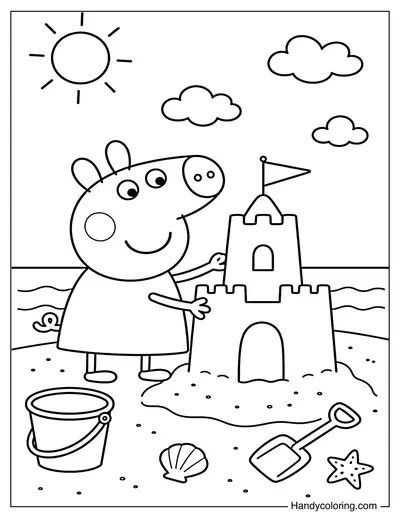 Peppa Pig Building Sandcastle at the Beach