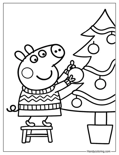 Peppa Pig Decorating a Christmas Tree Coloring Page