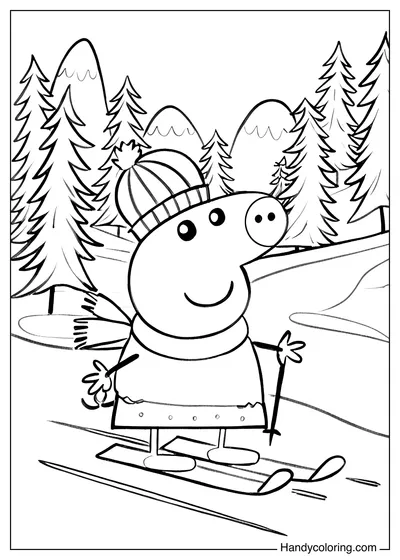 Peppa Pig Skiing on a Snowy Mountain Slope