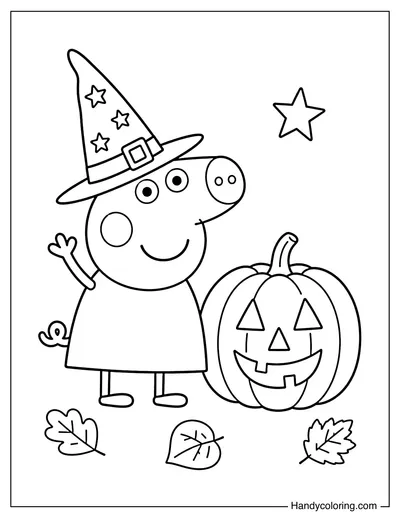 Peppa Pig Wearing a Witch Hat with Pumpkin