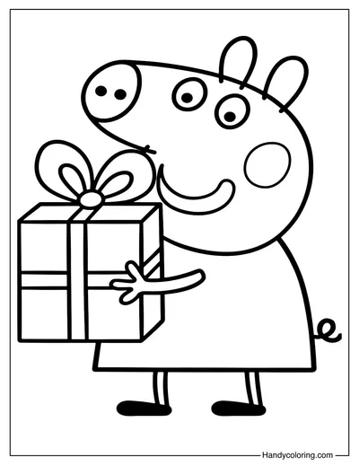 Peppa Pig with a Gift Box Coloring Page