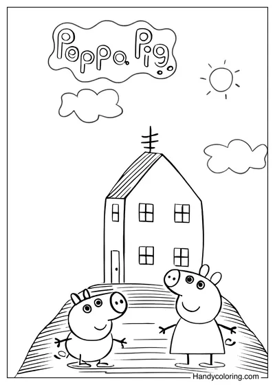 Peppa Pig with George Pig and House on the Hill