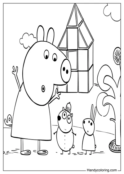 Peppa Pig with Panda and Rabbit Coloring Sheet