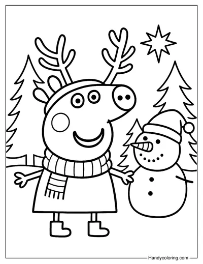 Peppa Pig with Snowman Coloring Page