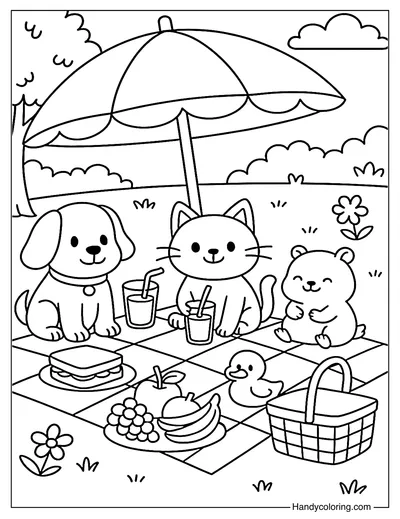 Pet Picnic in the Park Coloring Page