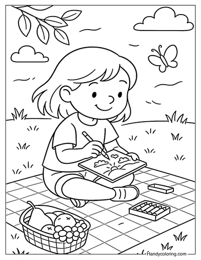 Picnic and Drawing Coloring Page