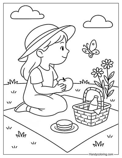 Picnic with Butterfly Coloring Page