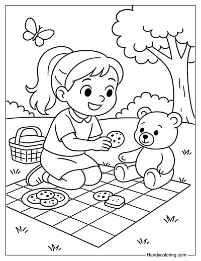 Picnic with Teddy Bear Coloring Page