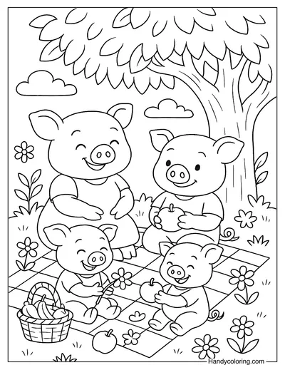 Pig Family Picnic Coloring Page