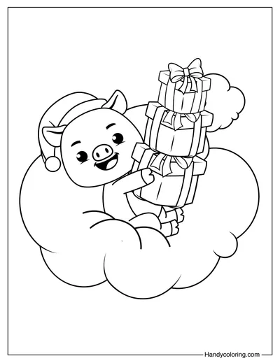 Pig Holding Presents in The Clouds Coloring